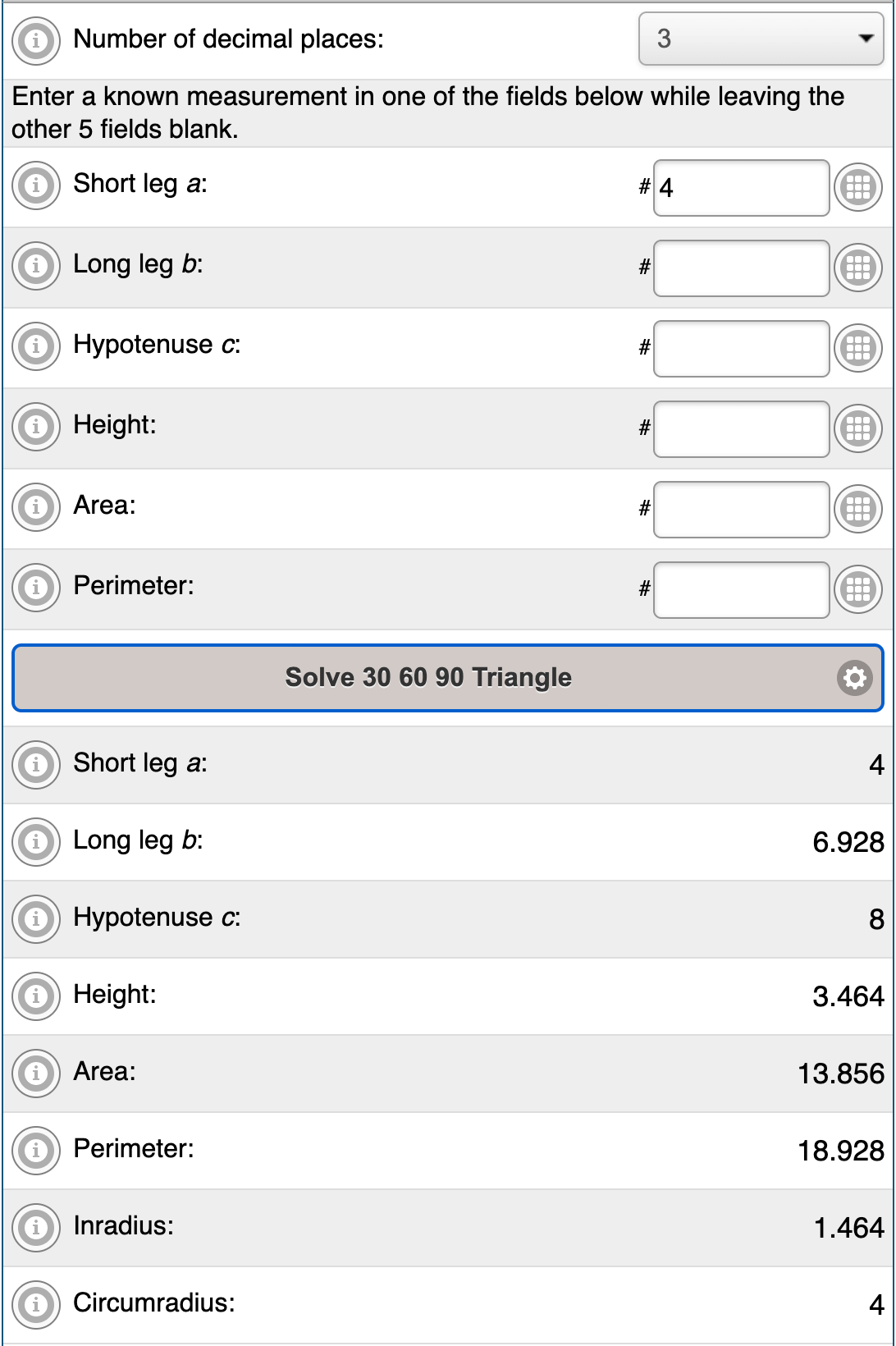 Example post result from 30 60 90 Triangle Calculator on free-online-calculator-use.com.