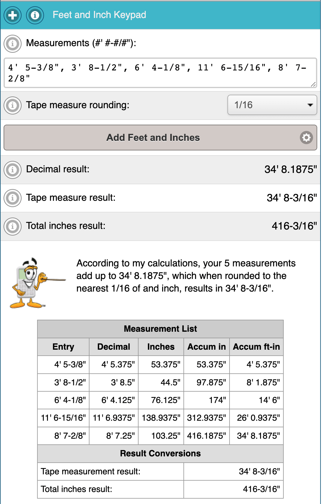 Example result from Add Multiple Feet and Inches Calculator on free-online-calculator-use.com.