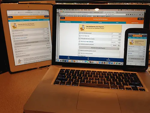 Ad-Free calculators expand and contract with screen sizes and orientation changes. Image of Ad-Free Version on smartphone, tablet, and laptop