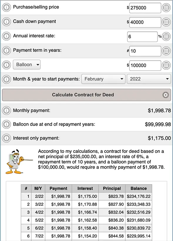 Example result from Contract for Deed Calculator on free-online-calculator-use.com.