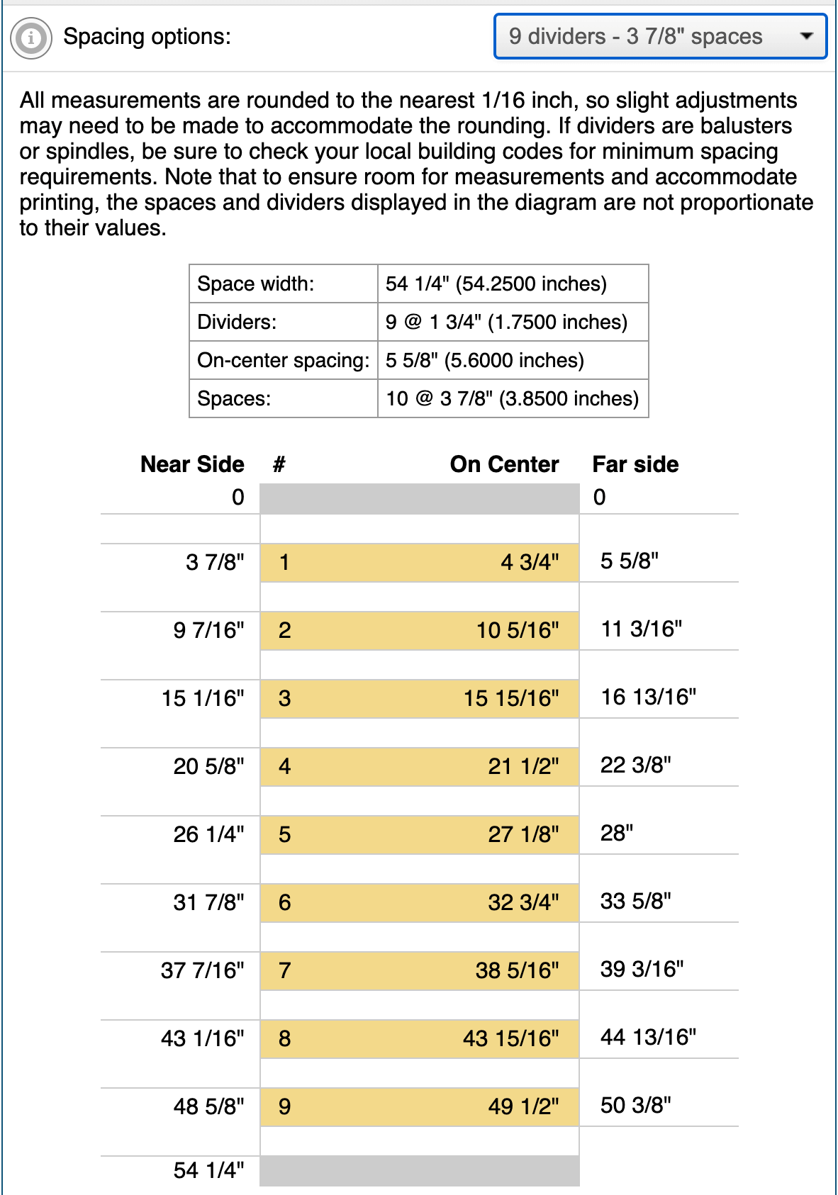 Example result from Even Spacing Calculator on free-online-calculator-use.com.