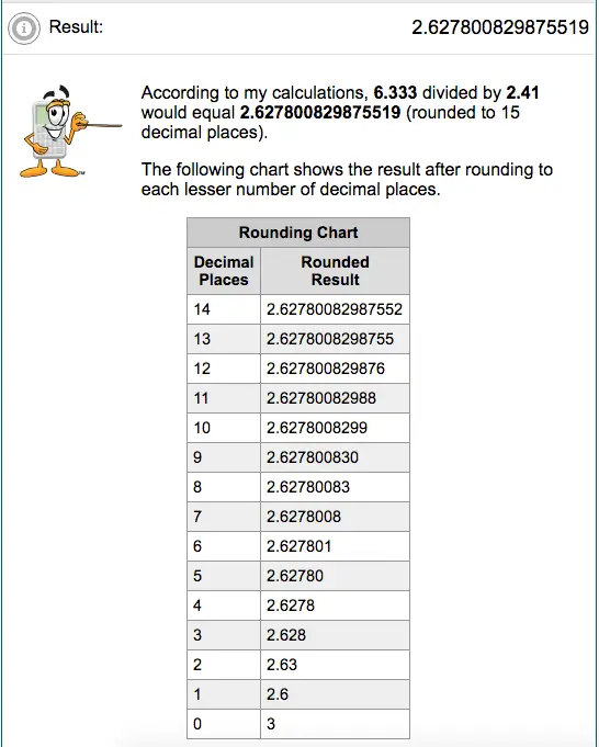 Example result from Multiplying and Dividing Decimals Calculator on free-online-calculator-use.com.
