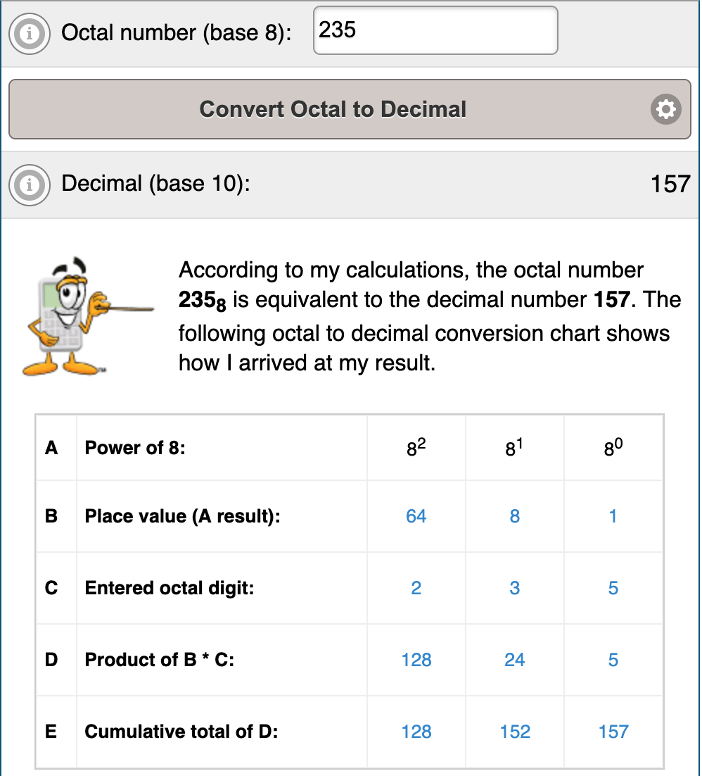 Example result from AOctal to Decimal Converter on free-online-calculator-use.com.