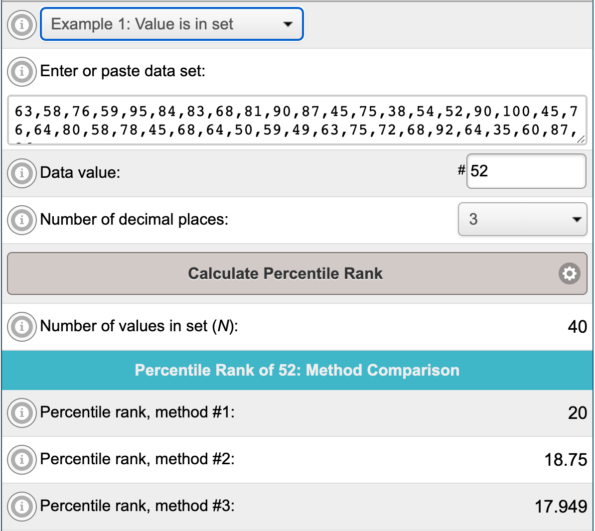 Example result from Percentile Rank Calculator on free-online-calculator-use.com.