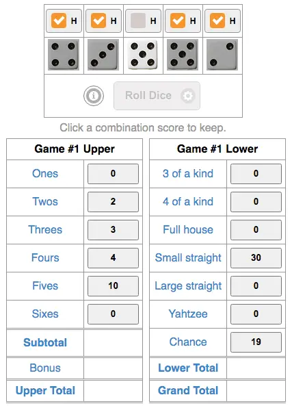 Example point calculations from Yahtzee Online Game.